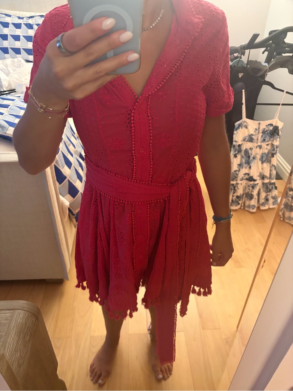 Alice + Olivia hot pink Eyelet Button-Front Mini Dress belt Tassel Hem pockets